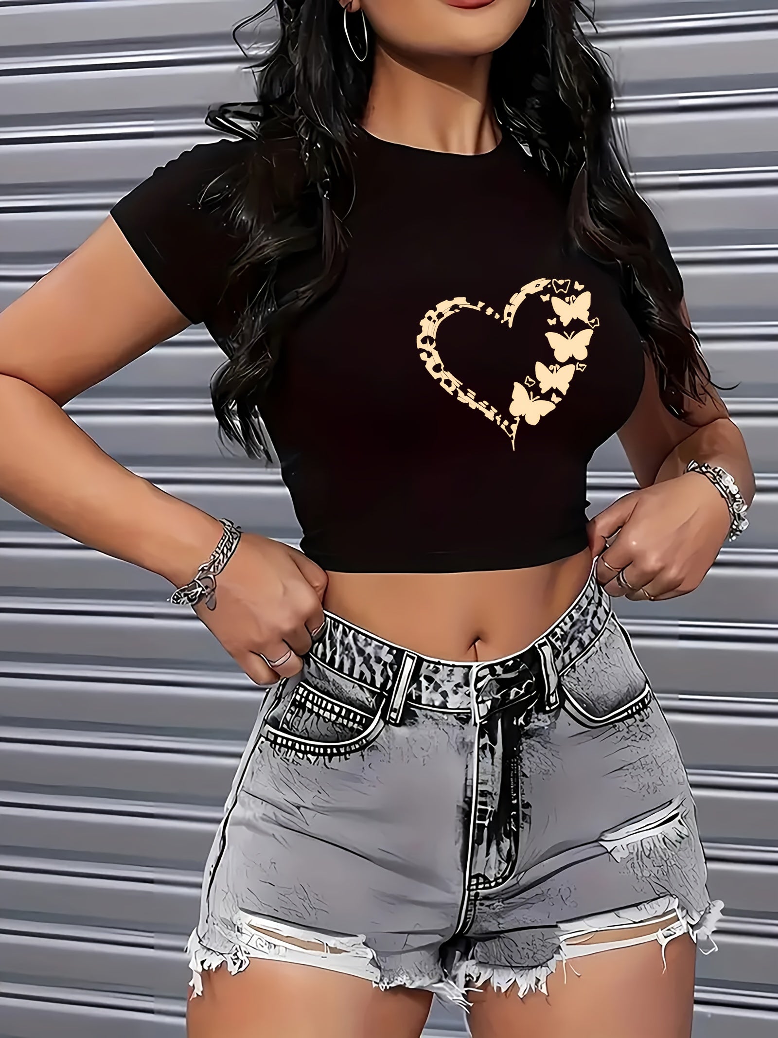 1pc Women'S Y2K Fashion Butterfly Heart Crop Top, Casual Crew Neck Short Sleeve Knit Fabric, Polyester 95% Spandex 5%, Slight Stretch, Geometric Pattern, All-Season Wear